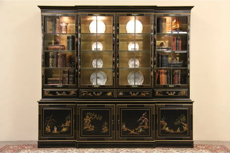 Photo of Asian Painted Lacquer Vintage Breakfront China Display Cabinet or Bookcase