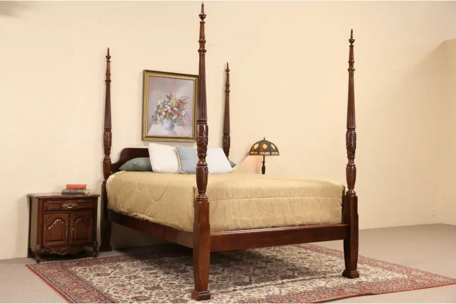 Photo of Charleston Rice Motif Carved Mahogany Queen Size Plantation Poster Bed