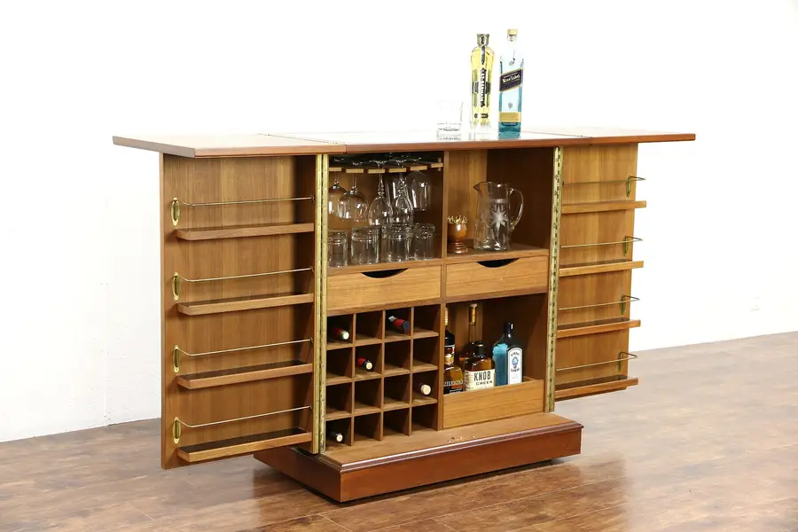 Photo of Midcentury Modern 1960's Vintage Rolling Teak Scandinavian Folding Bar Cabinet