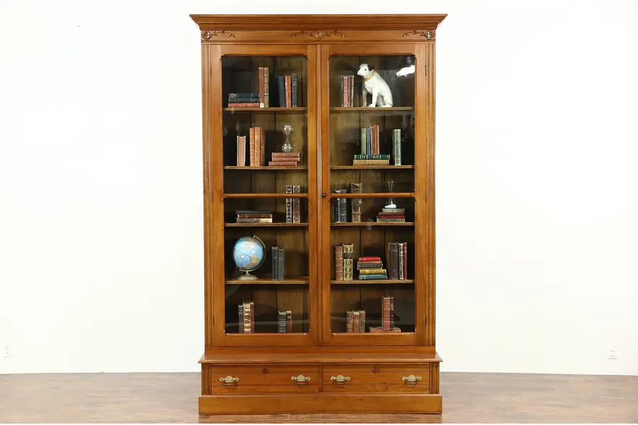 Photo of Victorian Eastlake 8' 7" Tall Carved Walnut Antique 1890 Library Bookcase