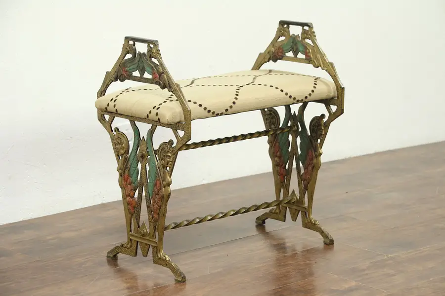 Photo of Art Deco 1925 Antique Original Painted Iron Bench, Winged Figures New Upholstery