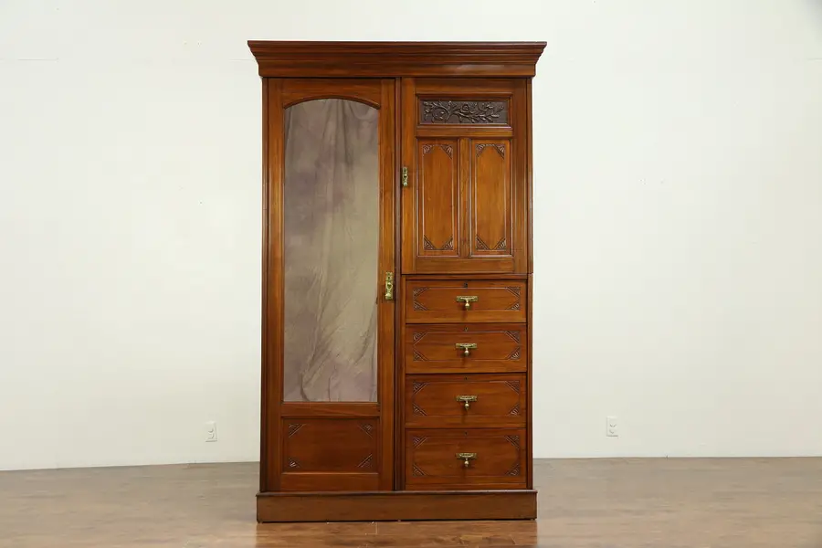 Photo of English Antique Carved Walnut Armoire Wardrobe or Closet, Mirror Door