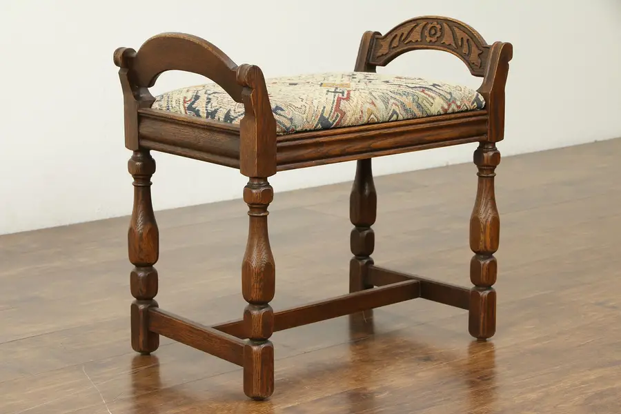Photo of English Tudor Antique Oak Bench with Arms, New Upholstery