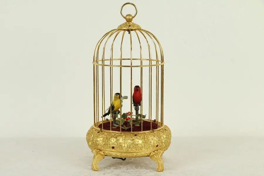 Photo of Singing Birds Automaton in Vintage German Jeweled Gold Birdcage
