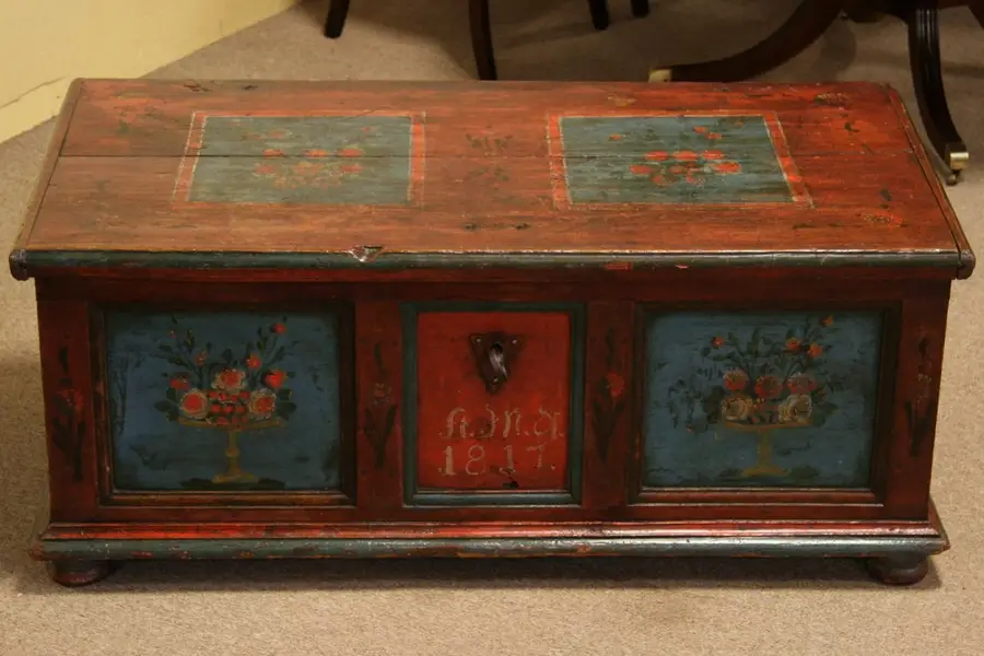 Photo of Folk Painted Country Pine Trunk or Coffee Table 1817