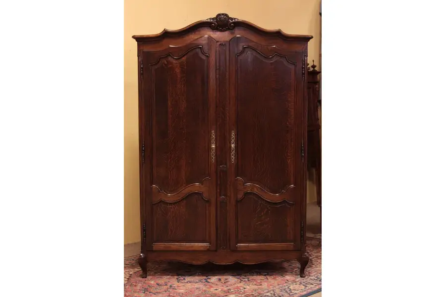 Photo of Country French Carved Oak Armoire, Raised Panels