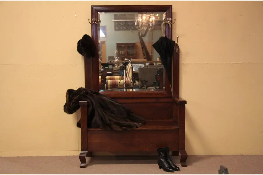 Photo of Arts & Crafts Mission Oak Hall Bench & Mirror