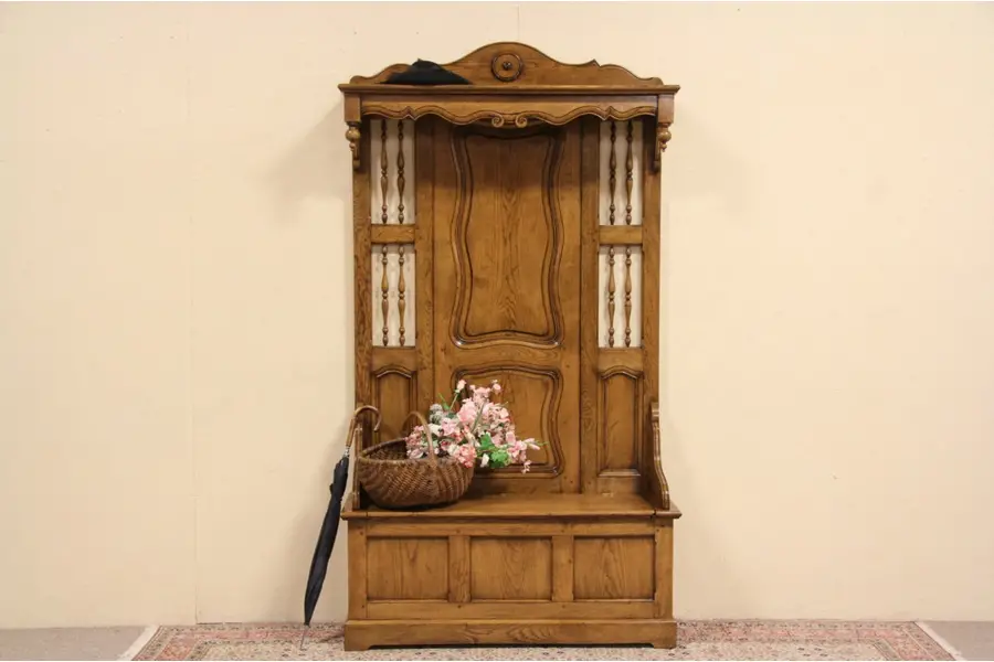 Photo of Country French 1900 Antique Oak Hall Bench, Gallery & Hat Shelf