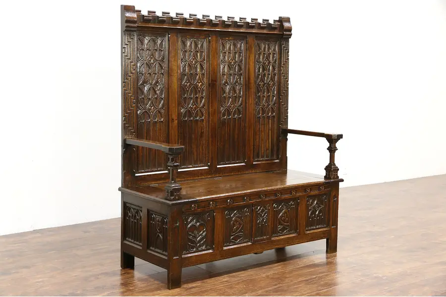 Photo of Oak Gothic Carved 1890 Antique Dutch Hall Bench