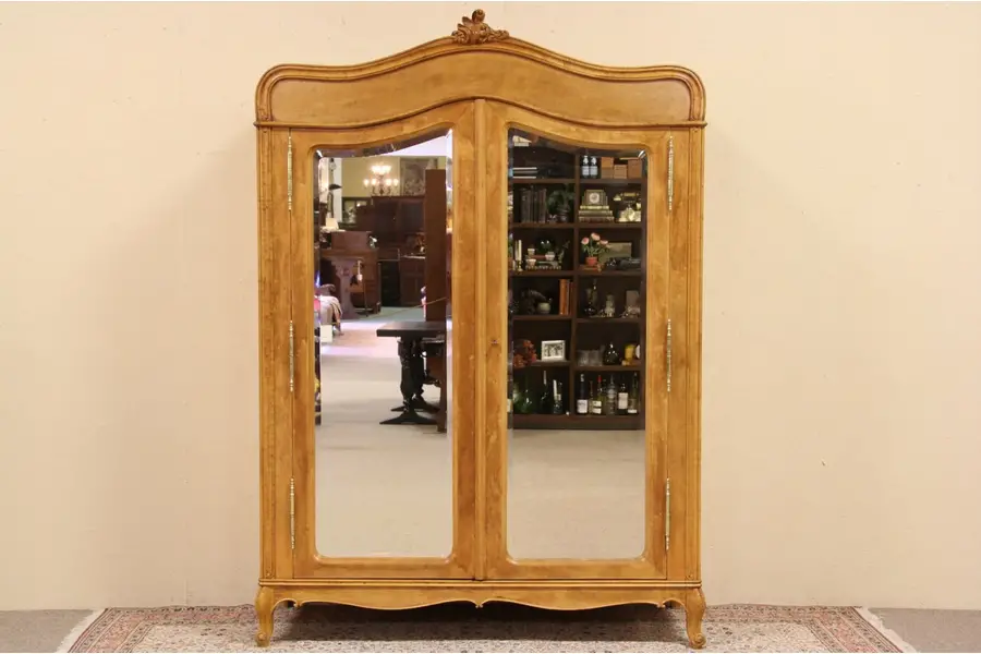 Photo of Birdseye Curly Maple 1910 Armoire, Beveled Mirrors