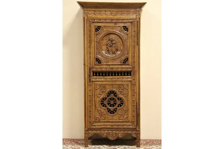 Photo of Brittany Carved Antique Oak 1895 Armoire or Cupboard