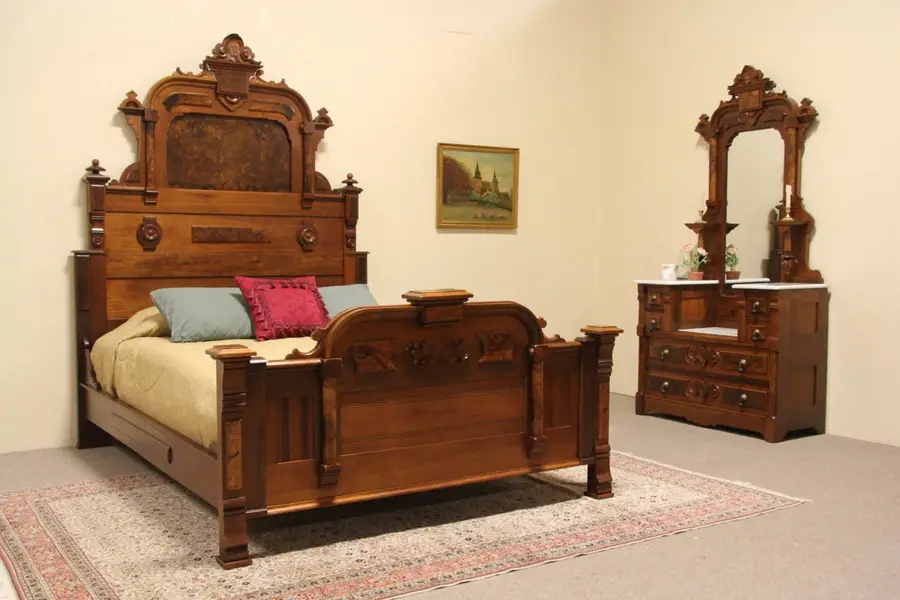 Photo of Victorian Renaissance 1875 Queen Size Bedroom Set, Marble Tops