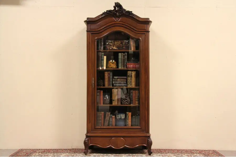 Photo of French Carved 1900 Antique Bookcase, Beveled Glass Door