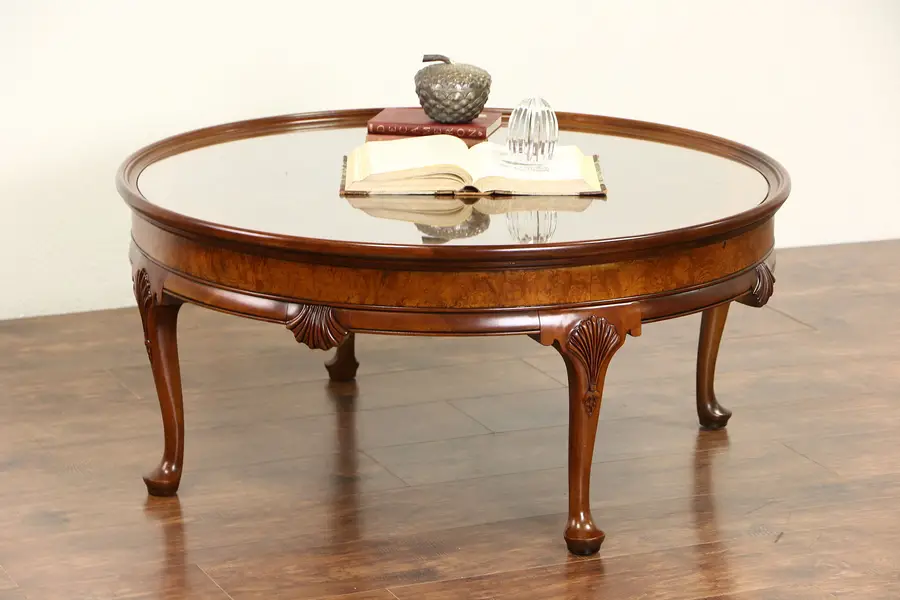 Photo of Baker Signed Round Vintage Carved Walnut & Burl Coffee Table