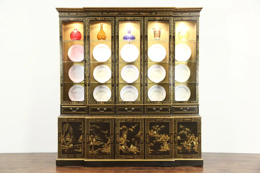 Photo of Drexel Heritage Vintage Breakfront China Cabinet, Chinese Lacquer & Painting