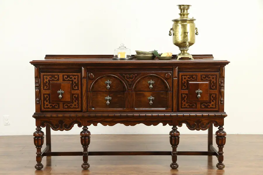 Photo of English Tudor Style Antique Oak & Walnut Sideboard, Server or Buffet