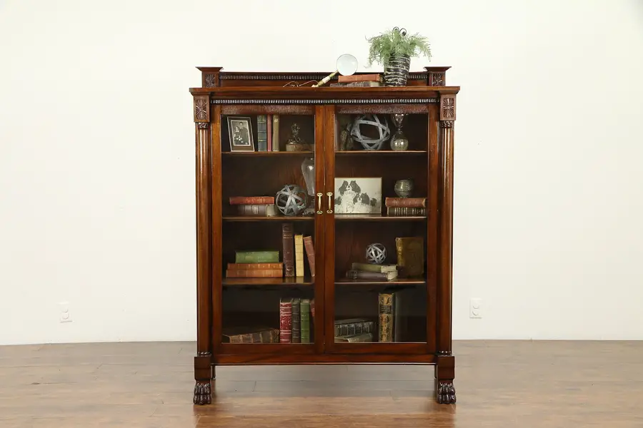 Photo of Empire Antique Mahogany Bookcase China Cabinet, Carved Claw Feet