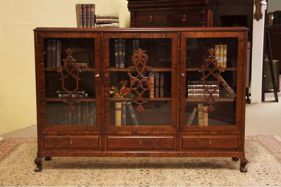Photo of Triple Antique Carved Bookcase, Glass Doors