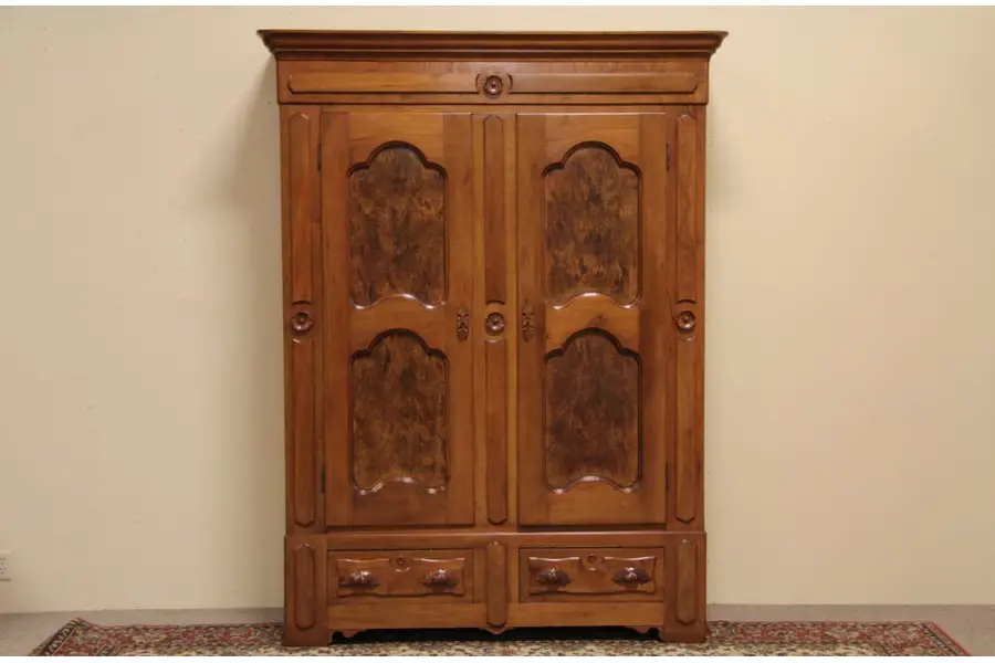 Photo of Carved Walnut Antique Armoire or Wardrobe