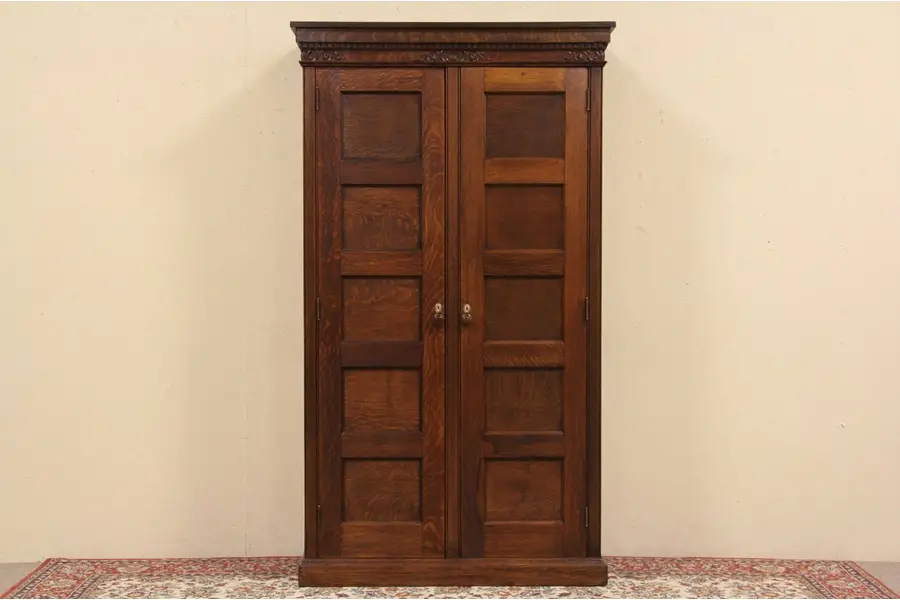 Photo of Oak 1895 Carved Armoire or Bookcase Cabinet