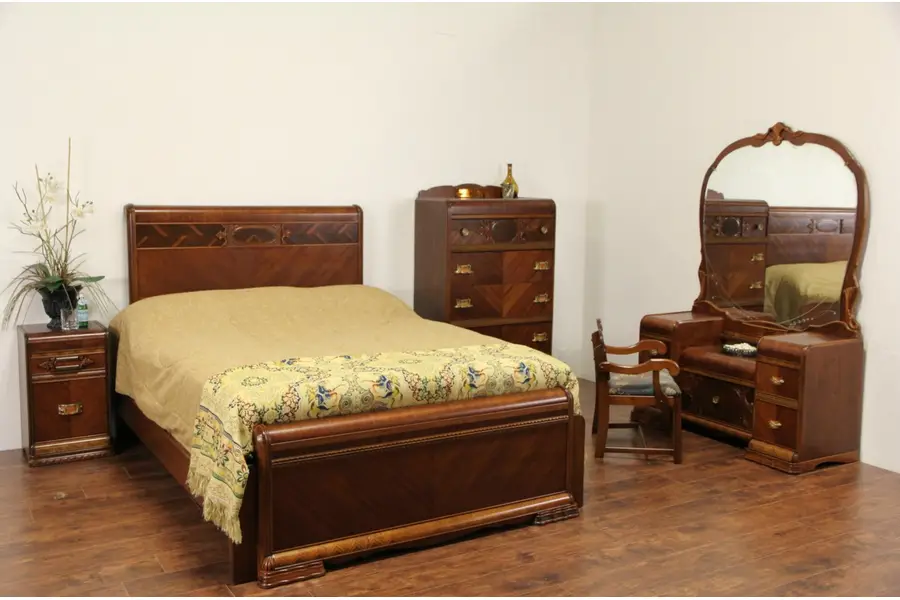 Photo of Art Deco Waterfall 5 Pc. Queen Size 1940 Vintage Bedroom Set, Bakelite Pulls