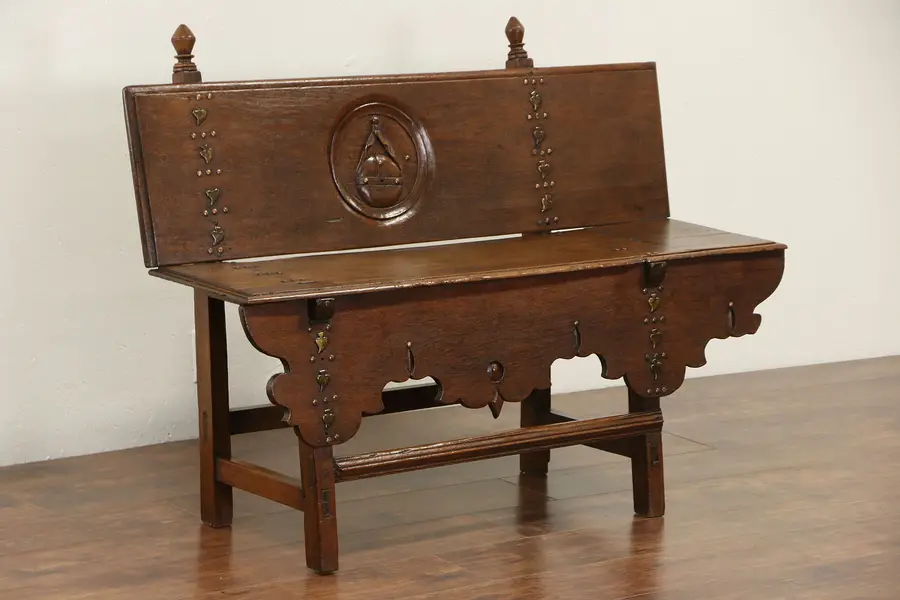 Photo of Teak Hewn Dutch East Indies Bench 1900 Antique Bench, Copper Nailheads