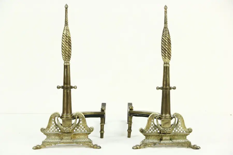 Photo of Pair Antique Brass Fireplace Andirons, Claw Feet, Spiral Columns