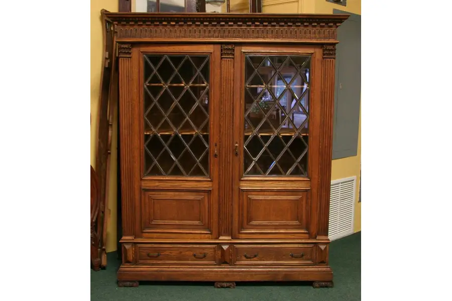 Photo of Two Door Oak Bookcase Leaded Glass c1890