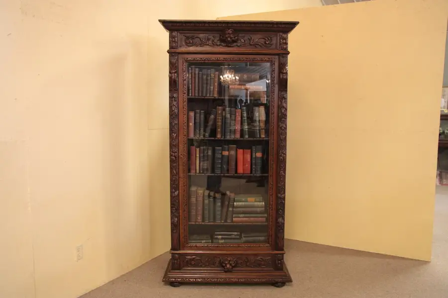 Photo of Oak Bookcase, Carved Lion Heads, Beveled Glass
