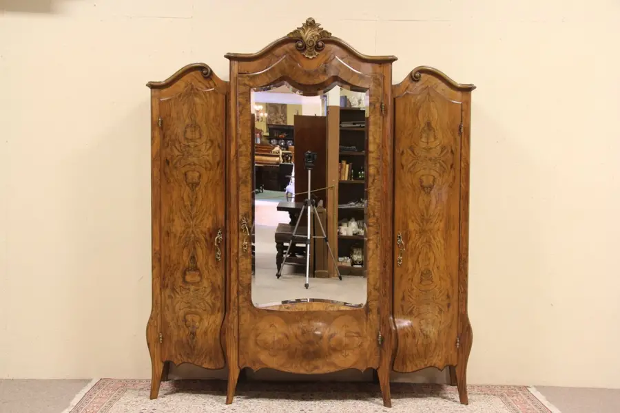 Photo of Italian Olive Wood Antique Triple Bombe Armoire