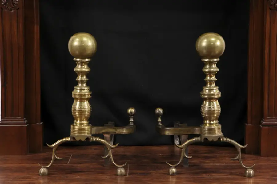 Photo of Pair of Brass Cannonball 1890's Antique Fireplace Andirons, Harvin of Baltimore
