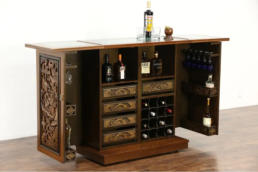Photo of Chinese Teak & Marble Carved Vintage Bar Cabinet, Folding Top, Swing Out Sides