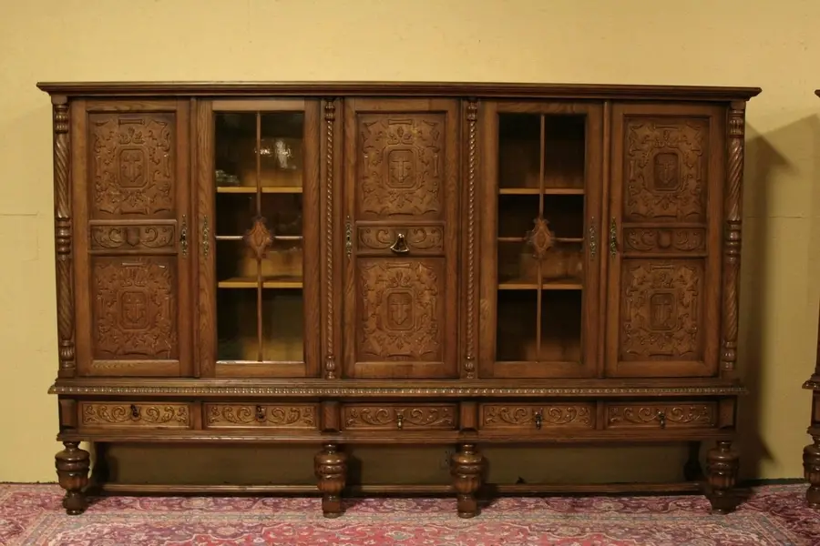 Photo of Carved Oak 9' Bookcase or China Cabinet, 5 Doors