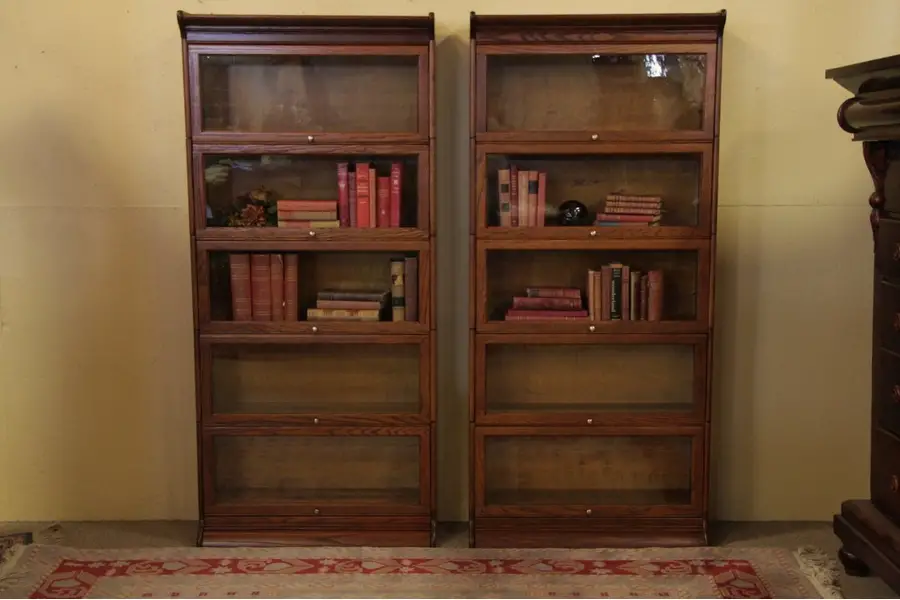 Photo of Pair of Antique Oak 5 Stack Lawyer's Bookcases