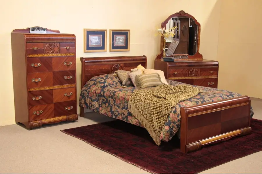 Photo of Art Deco Antique Waterfall 3 Pc. Queen Size Bedroom