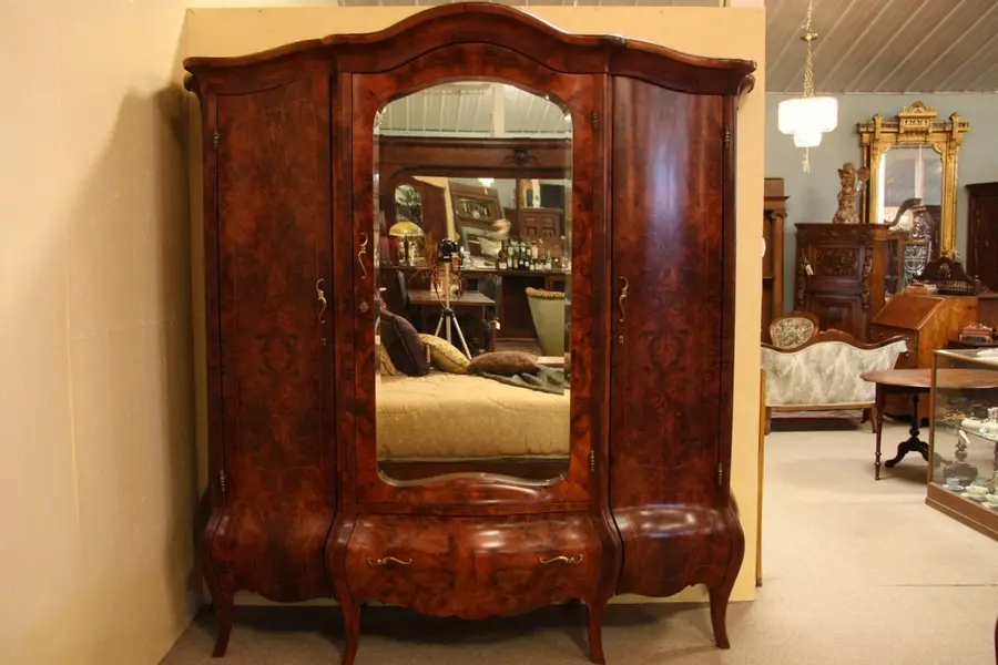Photo of Bombe Walnut Burl & Rosewood Antique Triple Armoire