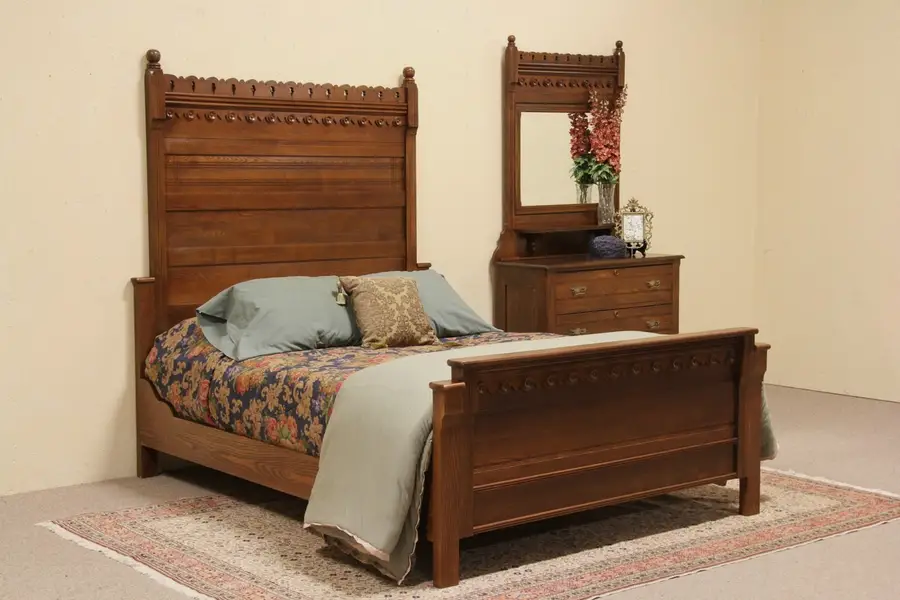 Photo of Eastlake 1880 Antique Oak Queen Size Bedroom Set