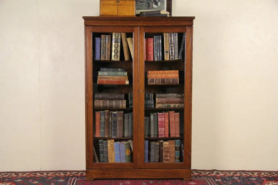 Photo of Oak Antique 1900 Bookcase, Glass Doors, Adjustable Shelves