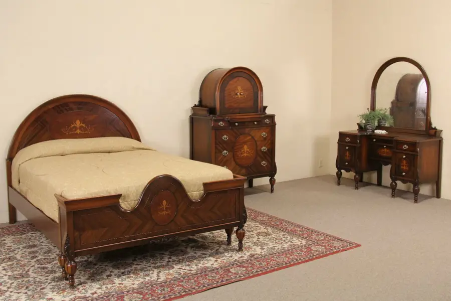 Photo of Marquetry 1920's Full Size Antique Bedroom Set, 3 Pc.