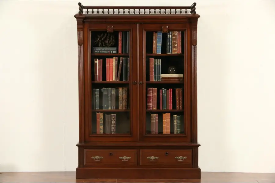 Photo of Victorian Bookcase 1875 Antique Walnut Gallery & Wavy Glass