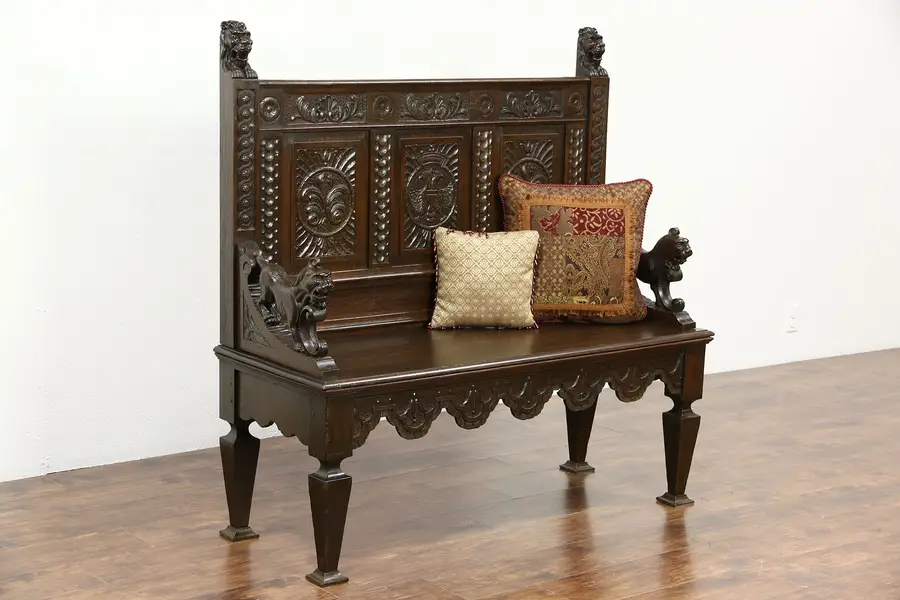 Photo of Italian Oak 1890 Antique Hall Bench, Hand Carved Double Eagle Crest, Lions