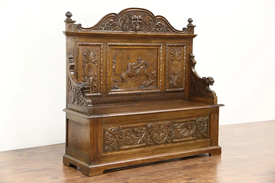 Photo of Daniel in the Lion's Den Carved Dutch Antique Oak 1900 Hall Bench, Lion Heads