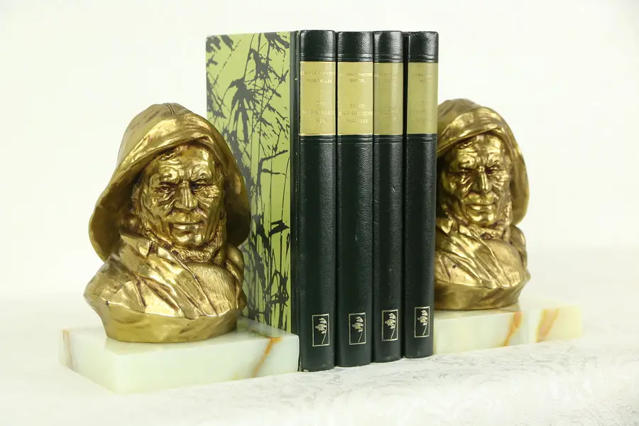 Photo of Pair of Onyx & Bronze Finish Bookends, Old Sailor Sculpture