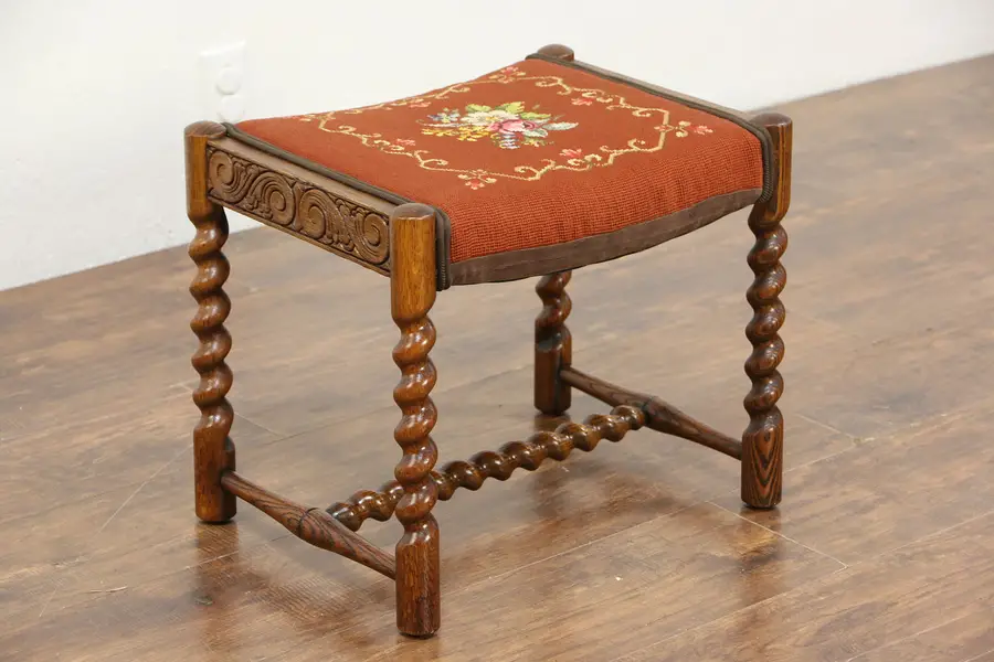 Photo of Oak Antique Stool or Bench, Spiral Legs, Needlepoint Upholstery