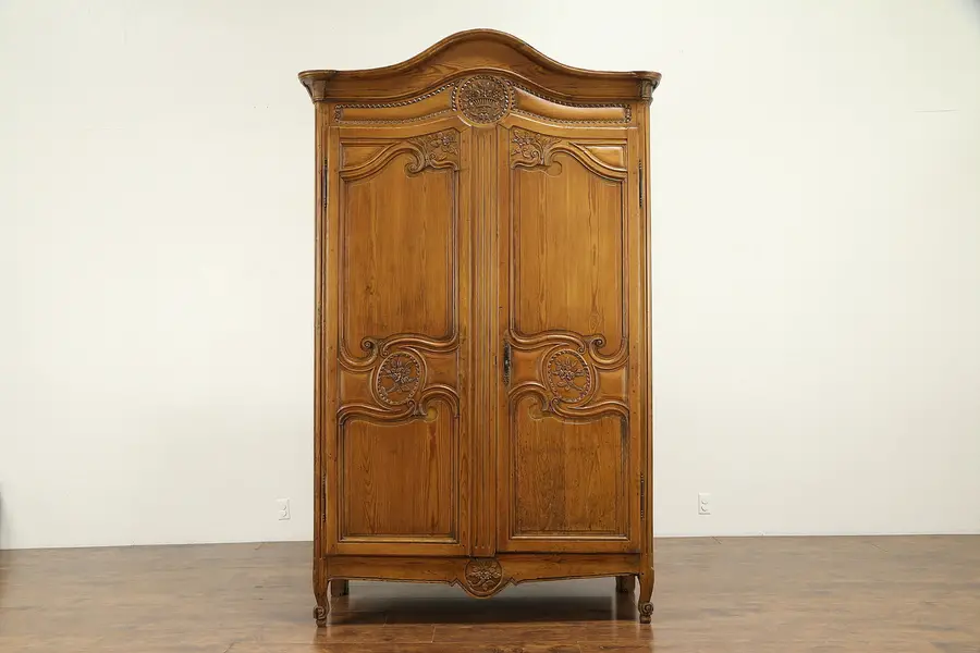 Photo of Country French Antique Hand Carved 1840 Pine Armoire or Wardrobe