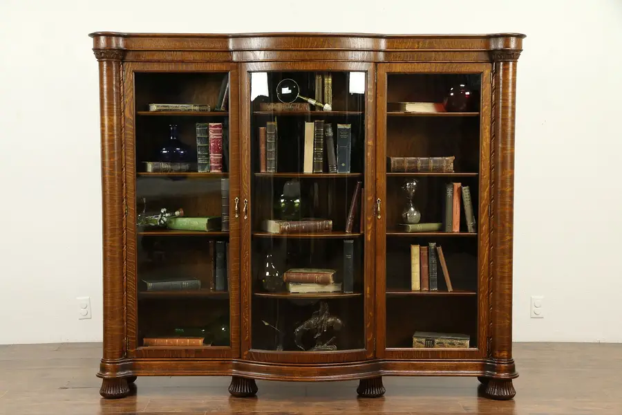 Photo of Victorian Antique Triple Oak Library Bookcase, Curved Glass