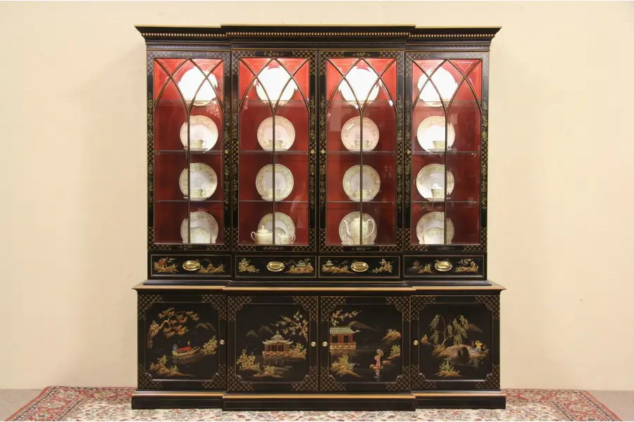 Photo of Chinoiserie Painted Lacquer Breakfront China Curio Cabinet or Bookcase