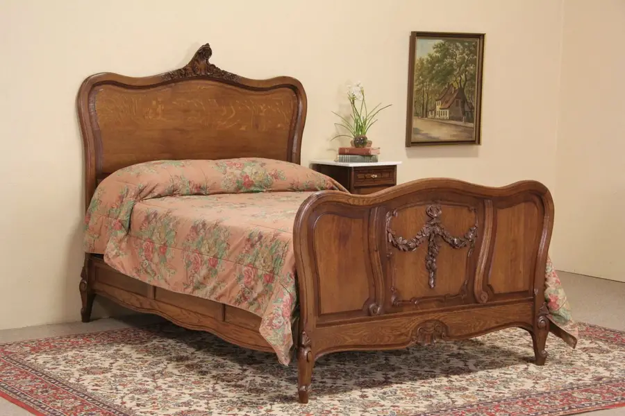 Photo of Country French Carved Oak 1900 Antique Full Size Bed
