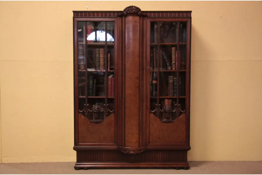 Photo of Art Deco Carved Bookcase, Glass Doors