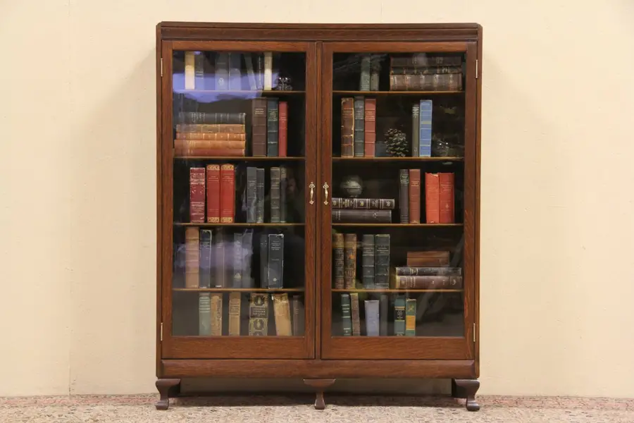 Photo of Oak 1900 Antique Bookcase, Original Wavy Glass Doors